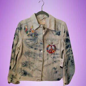 Jean jacket is brand new with tags. Size Medium, ladies. Armpit to armpit is 21